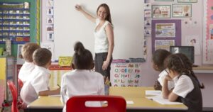 Teacher standing in front of a classroom of kindergarteners