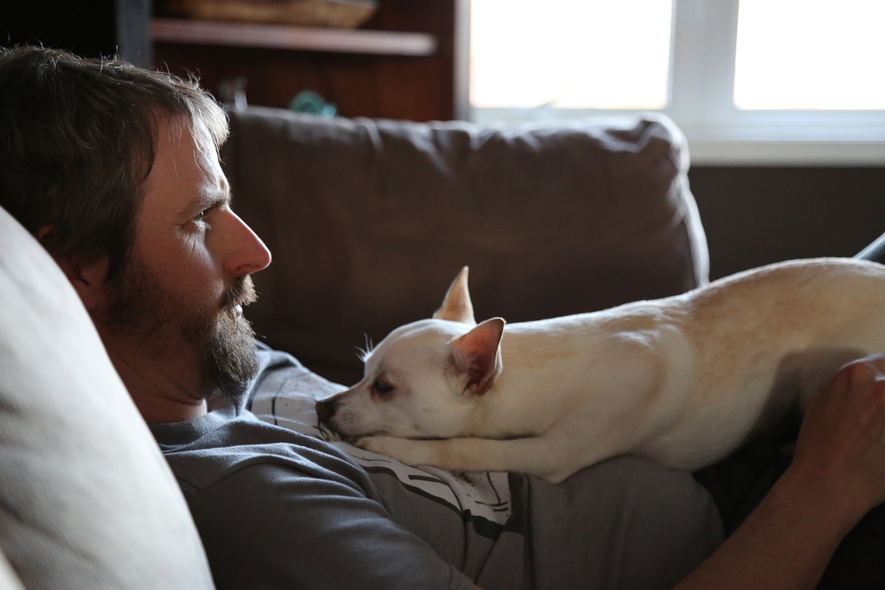 Guy and dog laying on couch
