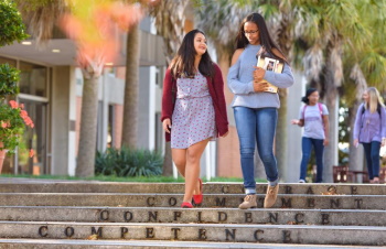 Two students walking down steps